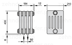 Схема (чертеж) Радиатор Zehnder Charleston 6040/4 №3470 Белый глянцевый RAL 9016